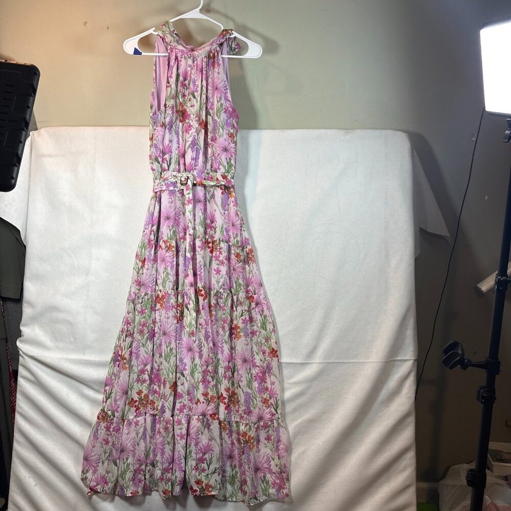 Taylor Dresses Maxi Dress Floral Print Lavender Pink Halter Belted Tiered sz6